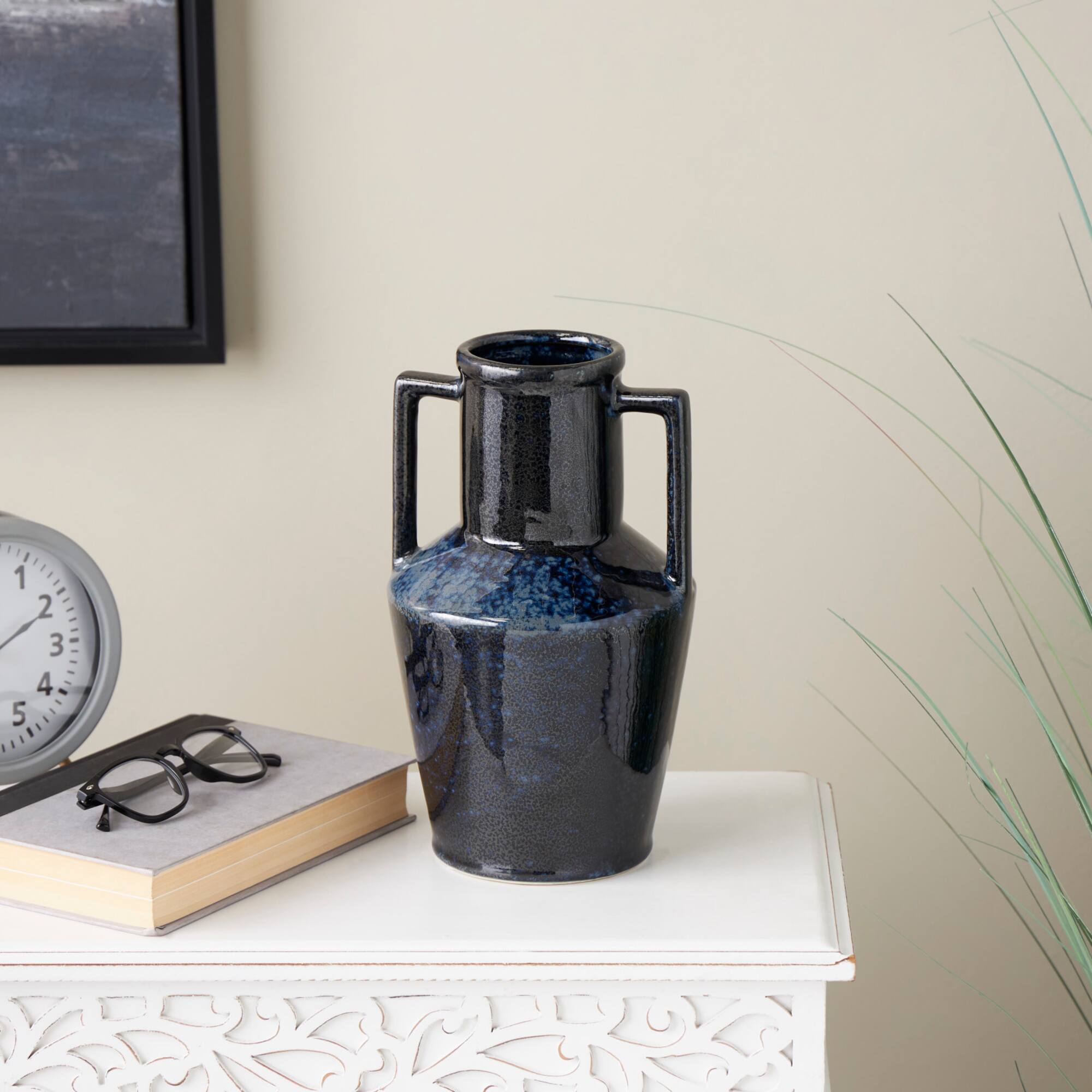 11" Dark Blue Ceramic Ombre Textured Vase with Rectangular Handles